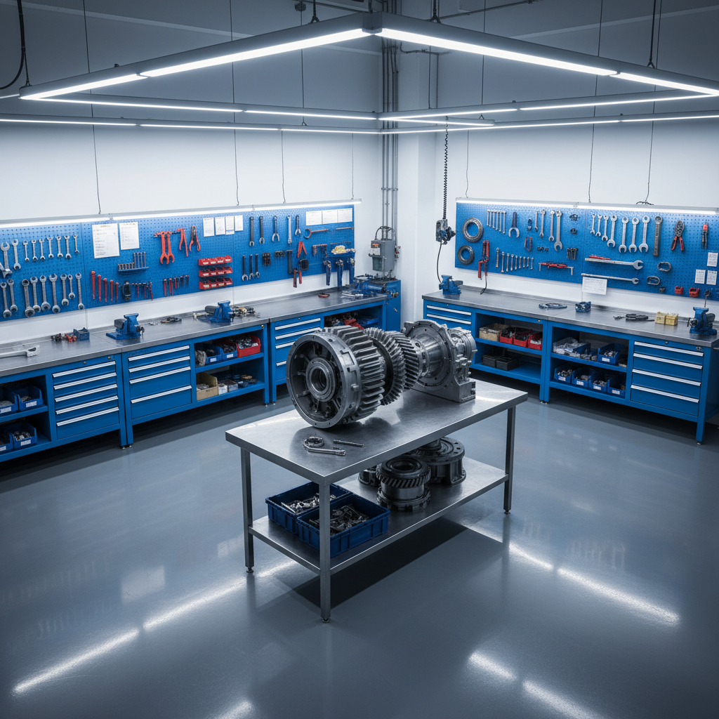 Uma oficina de manutenção industrial extremamente organizada, com piso epóxi cinza brilhante, bancadas metálicas azuis, ferramentas alinhadas por tamanho em painéis perfurados e componentes mecânicos etiquetados em prateleiras. No centro, um grande redutor industrial desmontado sobre uma bancada robusta, com suas engrenagens metálicas limpas e reluzentes. A luz é branca fria e bem distribuída por luminárias lineares no teto, criando reflexos controlados nas superfícies. A composição é em perspectiva levemente elevada, com foco total em toda a área, transmitindo disciplina, método e excelência em manutenção. Estilo fotográfico realista, com atmosfera de eficiência e controle absoluto de processos.