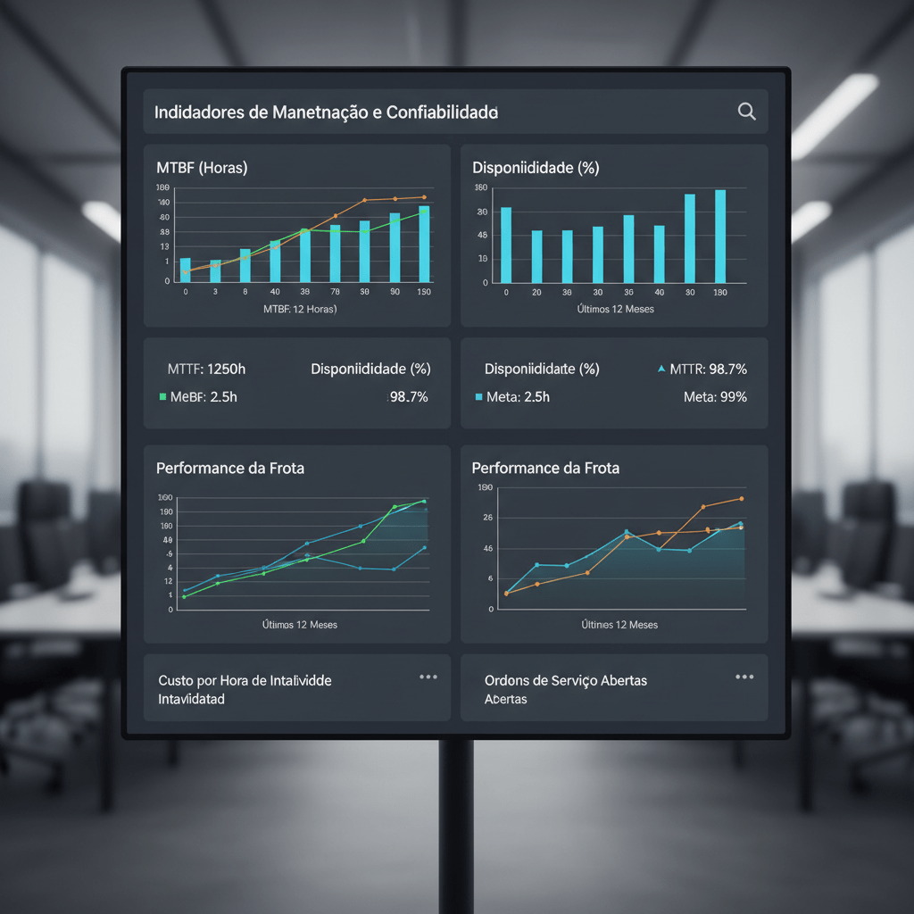 Um close fotográfico de um conjunto de indicadores chave de manutenção e confiabilidade (como MTBF, MTTR e disponibilidade) apresentados em um dashboard digital projetado em uma grande tela de sala técnica. Os gráficos em barras e linhas, em tons de azul, verde e laranja, aparecem muito nítidos, com fundo do software em cinza escuro sofisticado. O ambiente ao redor é levemente desfocado, sugerindo uma sala corporativa tecnológica. A iluminação é suave, predominantemente proveniente do brilho da própria tela, criando um leve contraste dramático, mas ainda profissional. A composição é frontal, com foco total nos dados e títulos, reforçando a ideia de consultoria analítica e tomada de decisão baseada em indicadores.