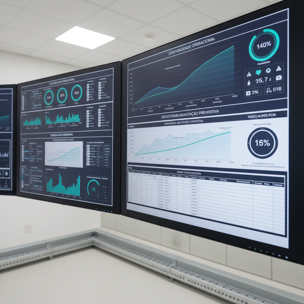 Um close fotográfico de um painel de controle industrial moderno para gestão de manutenção e PCM, com telas digitais exibindo gráficos de confiabilidade, cronogramas de manutenção preventiva e indicadores de performance em tons de azul e verde. O painel está instalado em uma sala técnica organizada, com paredes claras e cabeamento perfeitamente canaletado. A iluminação é branca neutra, uniforme, sem sombras duras, reforçando precisão e clareza. A composição em leve ângulo lateral destaca a profundidade dos monitores, com foco nítido nos gráficos e fundo sutilmente desfocado. O clima é tecnológico, profissional e analítico, alinhado a uma consultoria de engenharia de alto padrão.