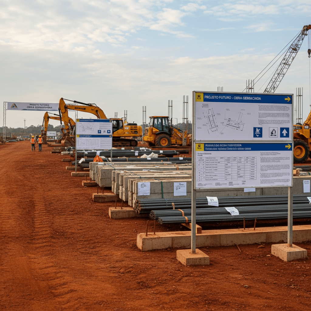 Um canteiro de obras de construção civil e infraestrutura bem estruturado, visto em fotografia de nível dos olhos, com equipamentos pesados estacionados de forma organizada, pilhas de materiais etiquetadas e sinalização técnica clara. Placas informativas exibem plantas técnicas simplificadas e cronogramas de obra impressos, presos em suportes metálicos. O solo apresenta o tom terroso avermelhado típico da região norte, contrastando com o cinza do concreto e o amarelo das máquinas. A luz é de manhã com céu levemente nublado, proporcionando iluminação difusa e sem contrastes extremos. A composição segue a regra dos terços, com linhas de perspectiva guiando o olhar, transmitindo planejamento, segurança e gestão profissional de projetos.