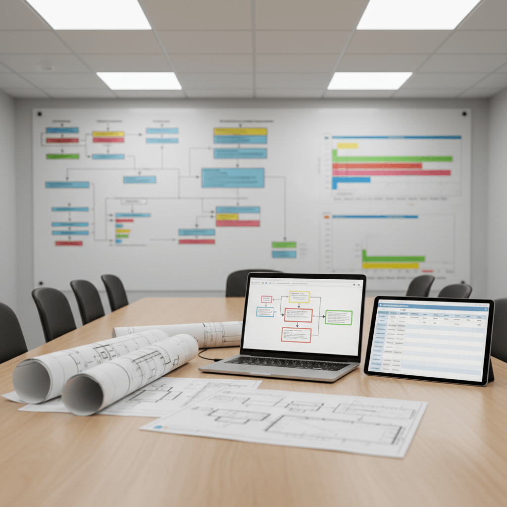 Uma sala de reuniões técnica sem pessoas, com uma grande mesa de madeira clara impecavelmente limpa, sobre a qual estão dispostos desenhos técnicos dobrados, plantas de manutenção, um notebook aberto exibindo um diagrama de fluxo de PCM e um tablet com um plano de inspeções. Ao fundo, uma parede com quadro branco preenchido com fluxogramas e cronogramas em cores organizadas. A iluminação é de escritório moderno, com luz branca suave vinda de painéis embutidos, criando um ambiente claro e focado. A composição é em ângulo ligeiramente elevado, com profundidade moderada, enfatizando os documentos e telas, em estilo fotográfico realista, transmitindo estratégia, diagnóstico e planejamento de engenharia.