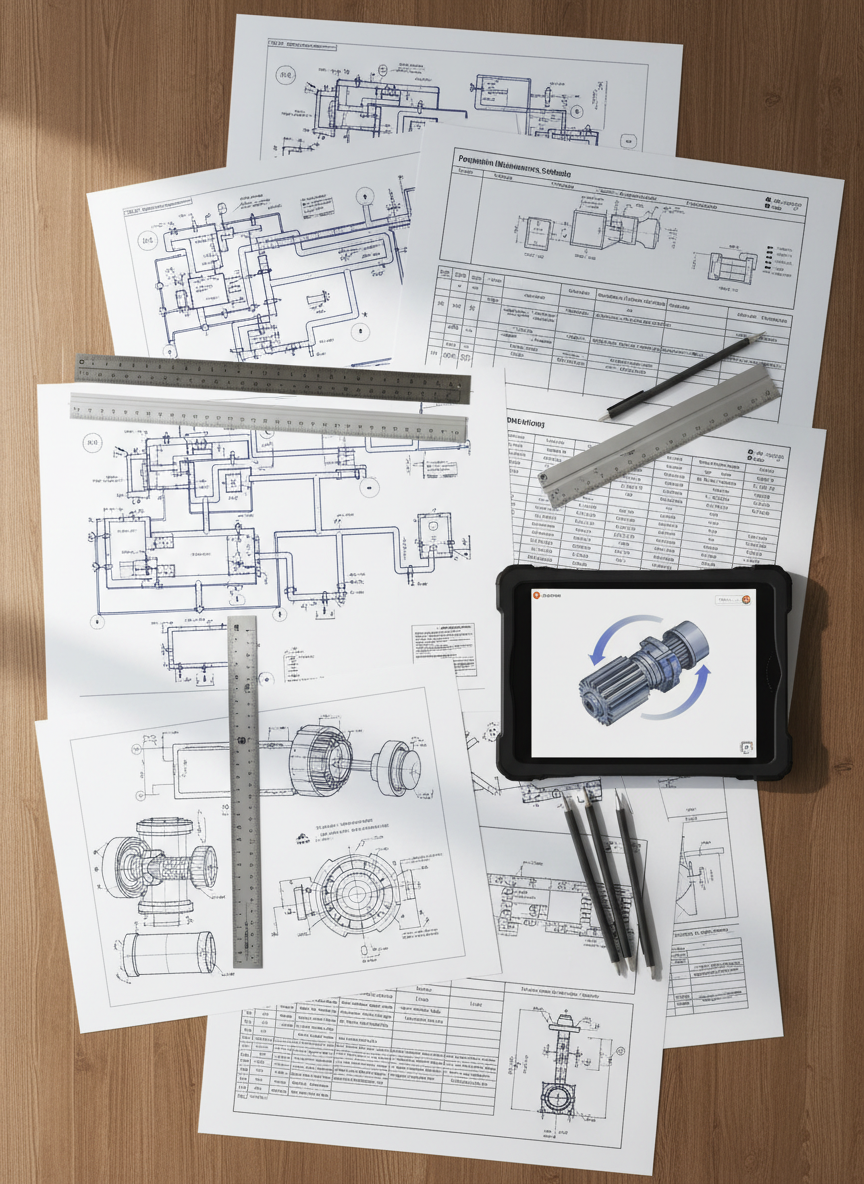 A detailed top-down view of a large engineering project table covered with high-resolution technical drawings of plant layouts, preventive maintenance plans, and equipment diagrams printed on crisp white paper. Precision metal rulers, a scientific calculator, mechanical pencils, and a rugged industrial tablet displaying a 3D equipment model are neatly arranged in a deliberate layout. Soft diffused daylight enters from an unseen side window, creating gentle shadows and subtle highlights on the paper textures and metallic tools. The wooden tabletop is a smooth, medium-tone surface that adds warmth to the otherwise technical scene. Shot from a perfectly overhead, flat-lay perspective with sharp focus across the frame, the image communicates strategic planning, engineering rigor, and organized PCM methodology in clean, realistic photographic style.