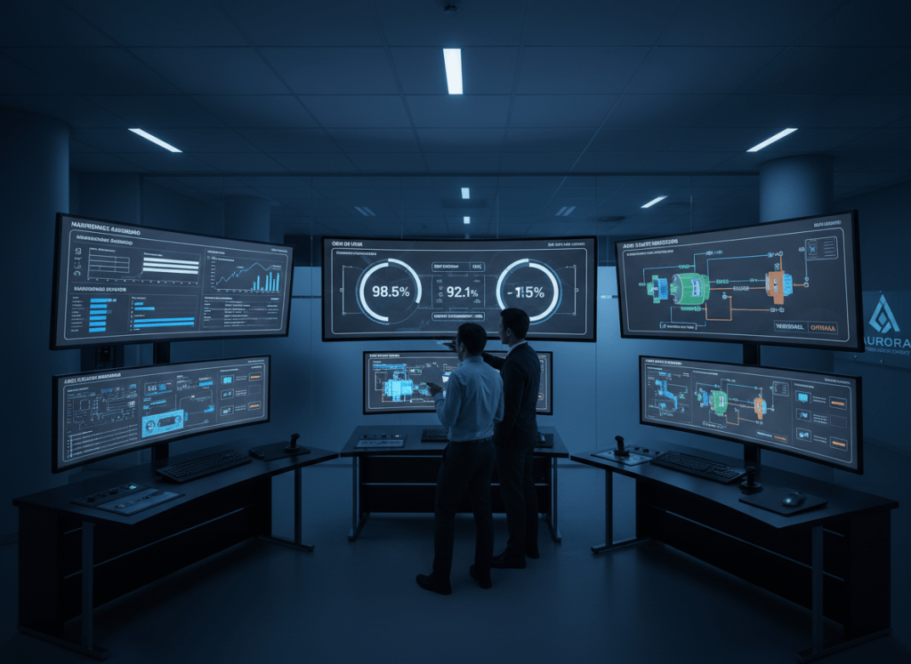 Dark, professional photo of a control room with multiple monitors showing industrial KPIs, maintenance dashboards and asset health indicators, in cool blue and grey tones for an engineering consultancy