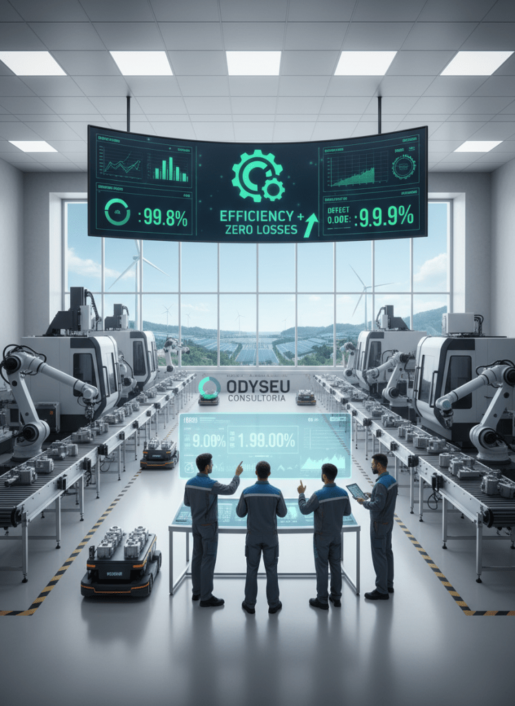 High-efficiency industrial shop floor with equipment in operation and maintenance team coordinating activities, visualizing KPIs on monitors, representing efficiency and zero losses for ODYSSEU CONSULTORIA
