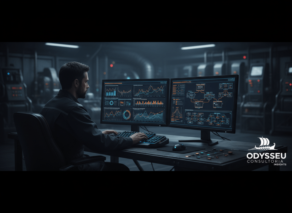 Industrial engineer conducting risk analysis on asset failure data with graphs and reliability models on dual monitors, matching dark industrial visual style for ODYSSEU CONSULTORIA insights slideshow