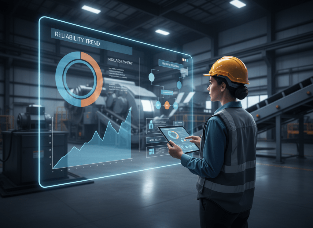 Ilustração em estilo realista, com tom profissional e corporativo, representando confiabilidade, gestão de riscos e tomada de decisão em manutenção industrial. Mostrar um engenheiro ou engenheira em ambiente de planta industrial de mineração, analisando gráficos de confiabilidade e diagramas de risco em uma tela grande, com equipamentos industriais ao fundo, iluminação limpa e moderna, cores sóbrias (azul, cinza, laranja discreto).
