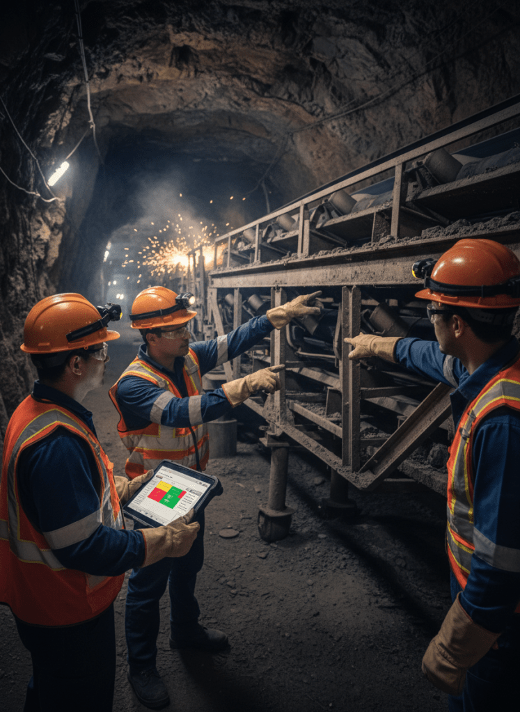 Engineers in PPE inspecting large conveyor system in mining operation at night with tablet showing maintenance plan and risk matrix, dark technical look