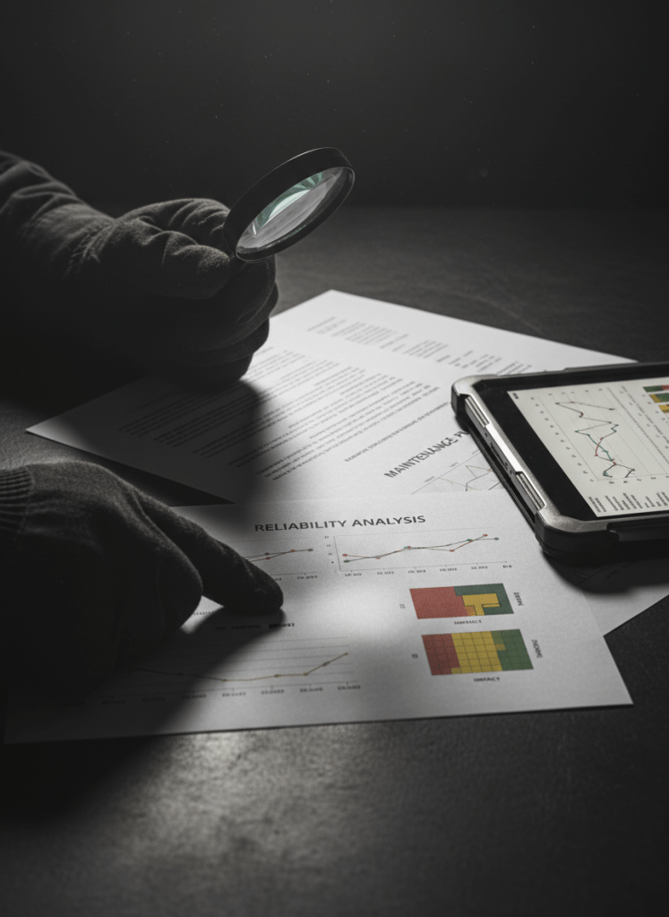 Close-up of technical engineer hands reviewing printed maintenance plan and reliability analysis with graphs and risk matrix on dark desk next to rugged tablet, moody lighting