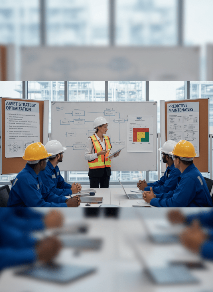 Reliability consulting workshop – consultant guiding industrial maintenance team around whiteboard with reliability block diagrams, risk matrix, and asset strategy posters.