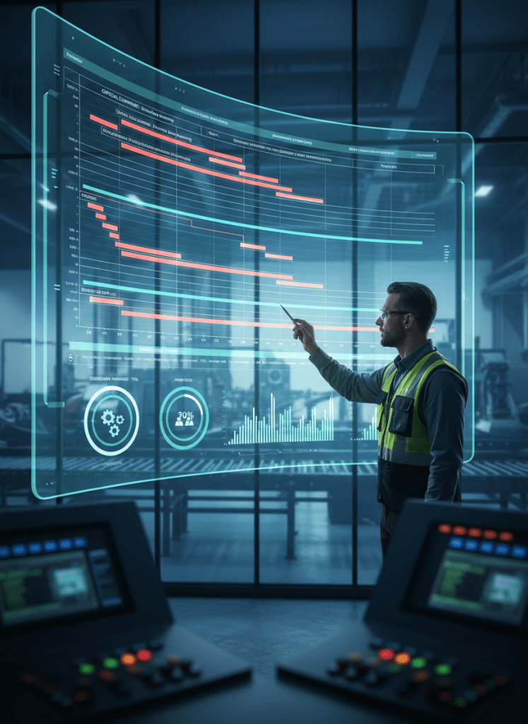 Maintenance plan optimization in industrial environment – planner adjusting digital maintenance schedule on large screen with Gantt charts, critical equipment highlighted, and resource balancing indicators.