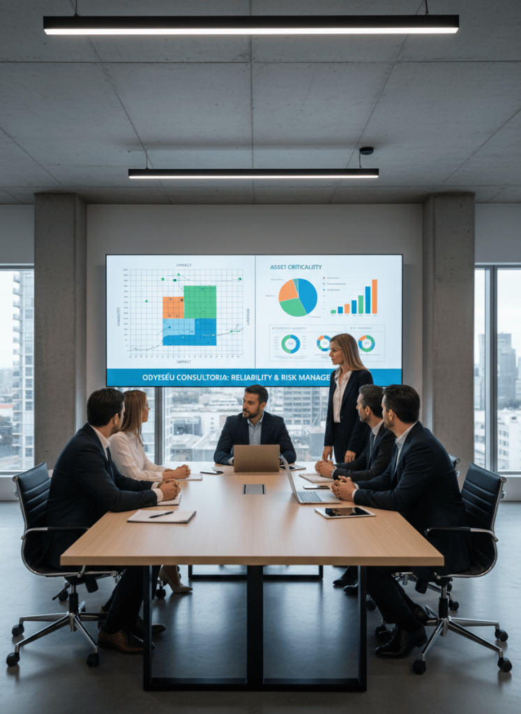 Corporate consulting session on reliability and risk management: a diverse team of engineers and managers around a conference table reviewing risk matrices and asset criticality charts on a large wall screen. Clean, modern office environment, neutral colors, clear graphs and tables visible, photographic realism, matching the sleek industrial consulting aesthetic of the Odysseu Consultoria website.