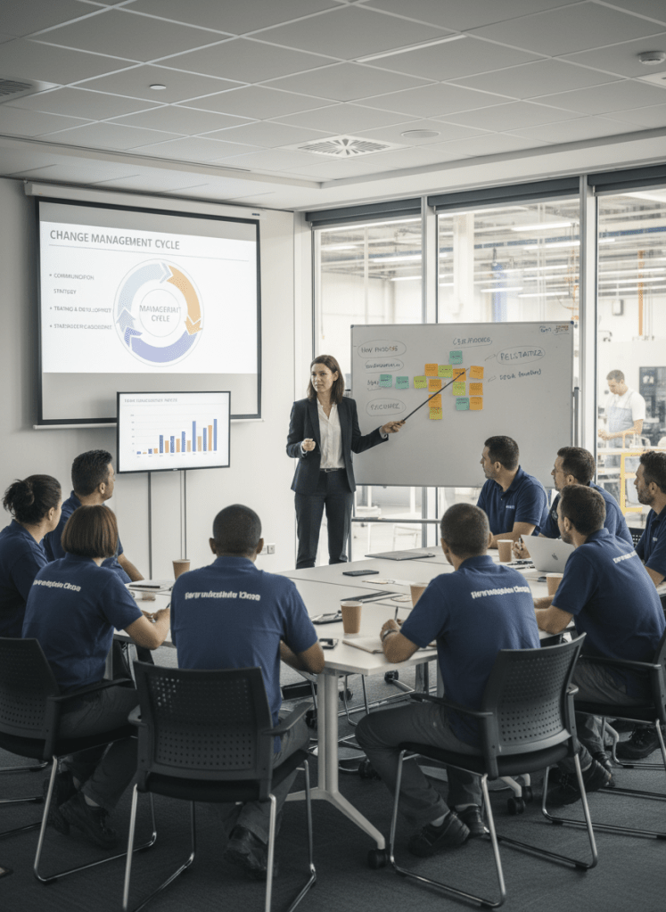 Workshop on change management and team engagement in an industrial company: facilitator leading a group of supervisors and technicians in a bright meeting room, with sticky notes on a whiteboard, process diagrams, and a slide about communication and training. Corporate but approachable visual style, photographic realism, clean composition.