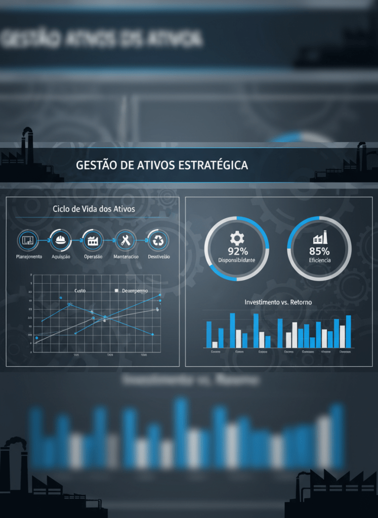 Gestão de Ativos Estratégica – dashboard com ciclo de vida dos ativos, curvas de custo versus desempenho, ícones de fábricas e engrenagens, gráficos em azul, cinza e branco, estilo corporativo-industrial, sem pessoas identificáveis.