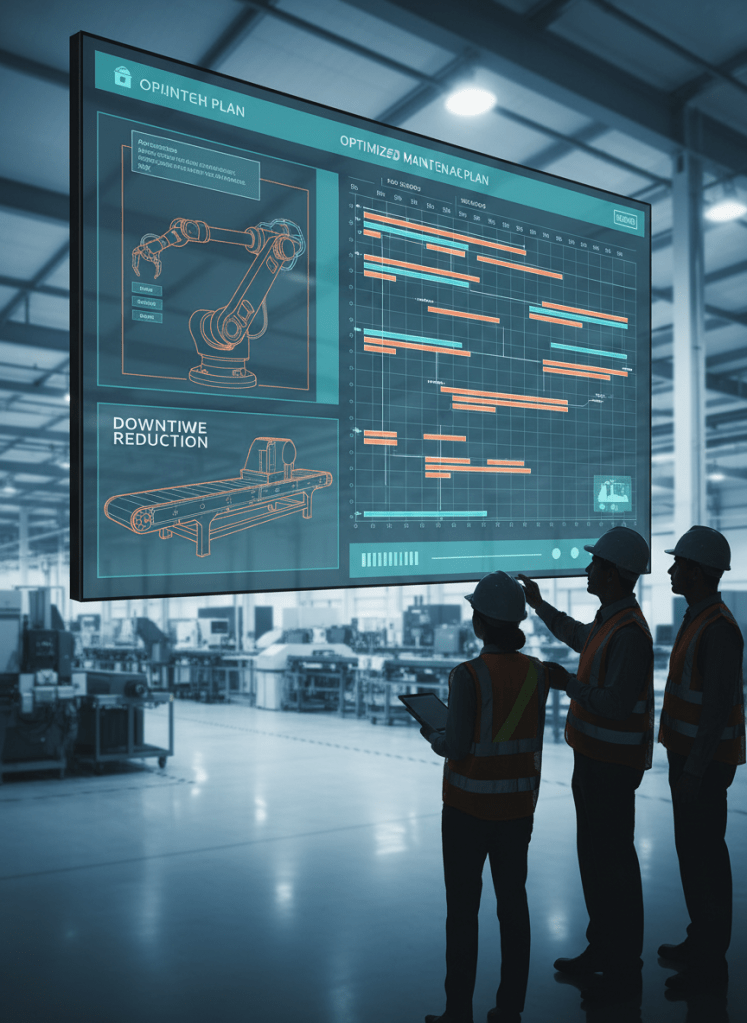 Industrial maintenance team reviewing optimized maintenance plans – large digital screen with Gantt chart, critical equipment highlighted, and task durations adjusted to reduce downtime, shop floor in background, cool corporate tones, no identifiable people.